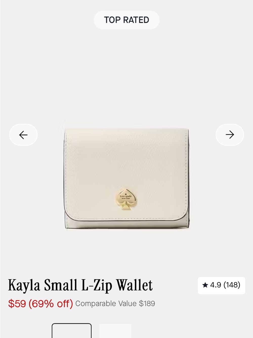 Kate Spade Cream Kayla Small L-Zip Wallet Meringue